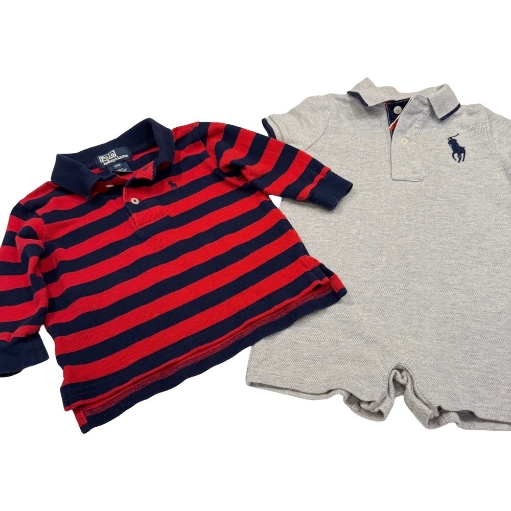 Ralph Lauren Toddler Boys Lot Of 2 Big Pony Romper /Striped Polo Shirt 12 Mo